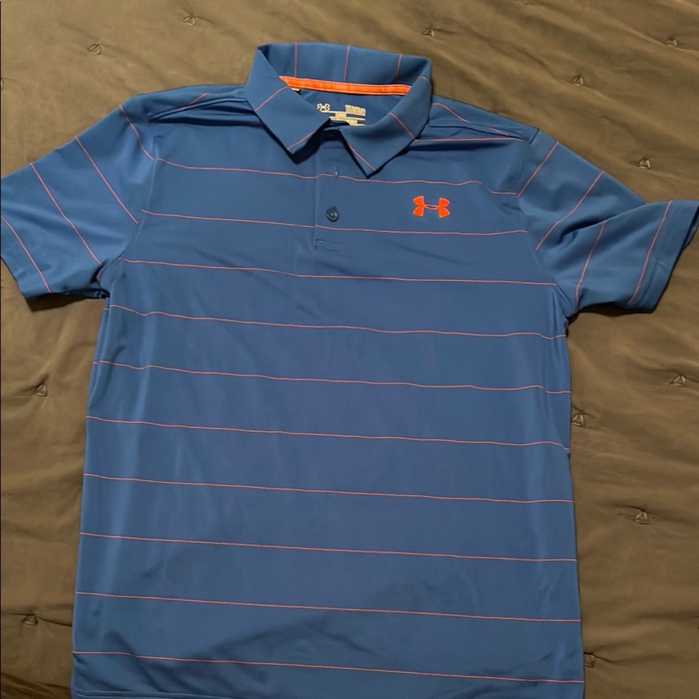 Under Armour Youth Large Blue with Orange stripes Polo Shirt